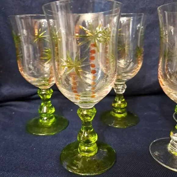 Hand Painted Palm Tree Wine Glasses Hand Painted Goblet Beach Theme Set of 5 - Picture 2 of 4